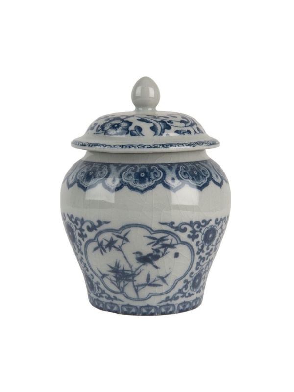 rm wit - kleine urn - blauw - wit - rememberme - bloemen print - delfts blauw stijl